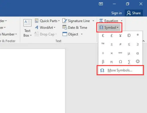 Symbols Drop-down in MS Word