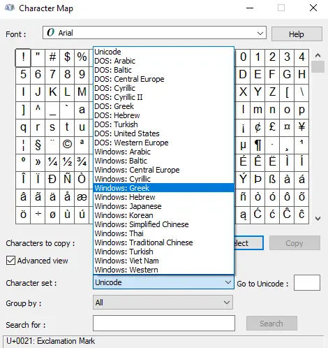 Windows Geek option in character map