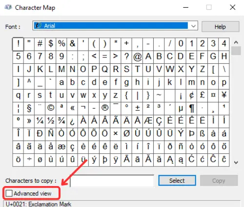 advanced view option in character map