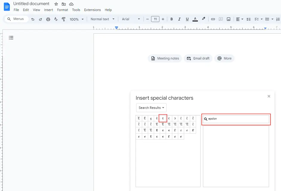 searching epsilon in special character in google docs