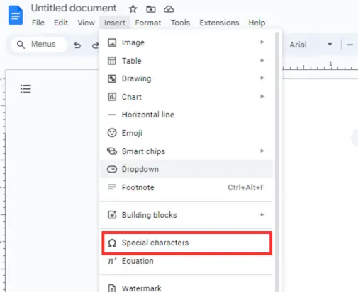 special character option in google docs