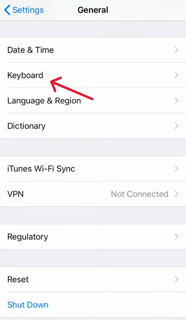 Keyboard option in general settings in iPhone