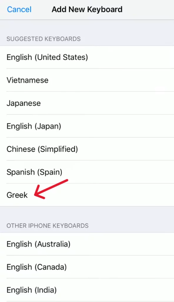 Selecting Greek language keyboard in iPhone's settings