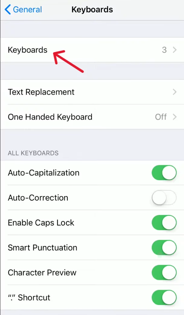 Selecting keyboards optino in iPhone's settings