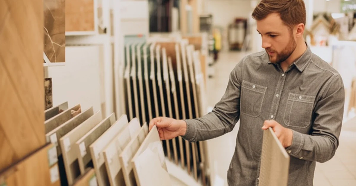 man exploring tiles in shop