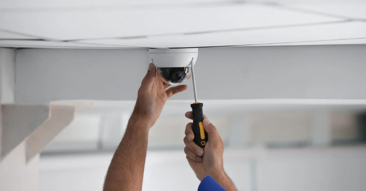 man placing a security camera