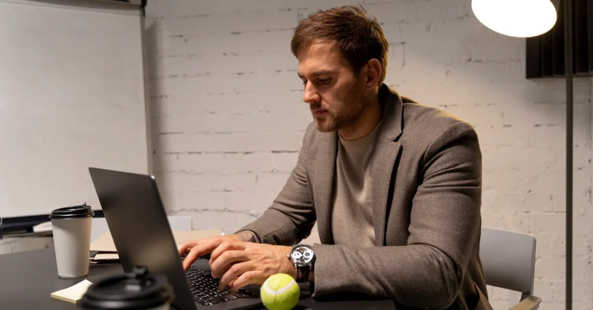 An agile man working on a laptop