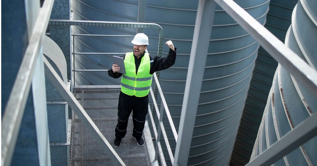 a happy man around industrial tanks