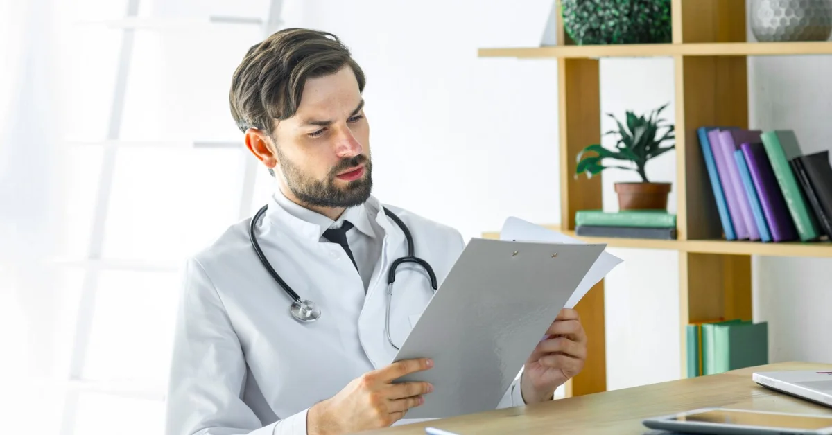 a male doctor looking at a document