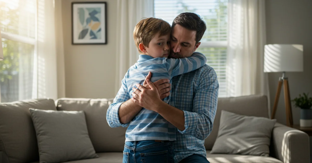 a man hugging his son