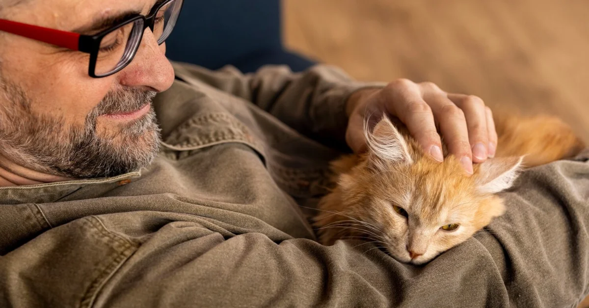 a senior man patting a cat