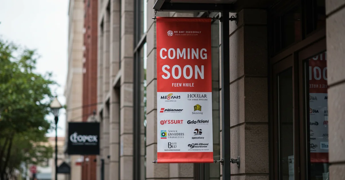 A hanging banner outside of a building promoting businesses
