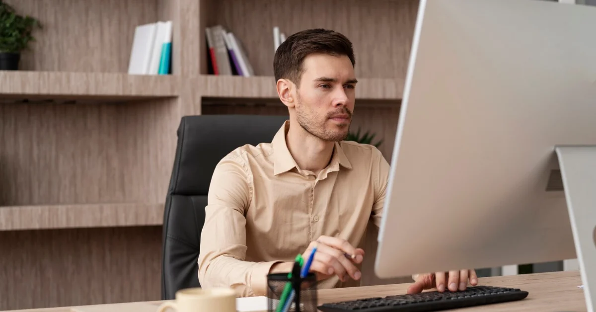 a focused man working on a computer