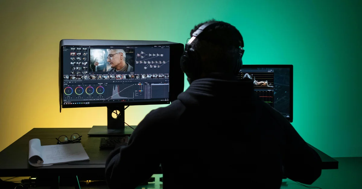 a man in black hoddie editing a video