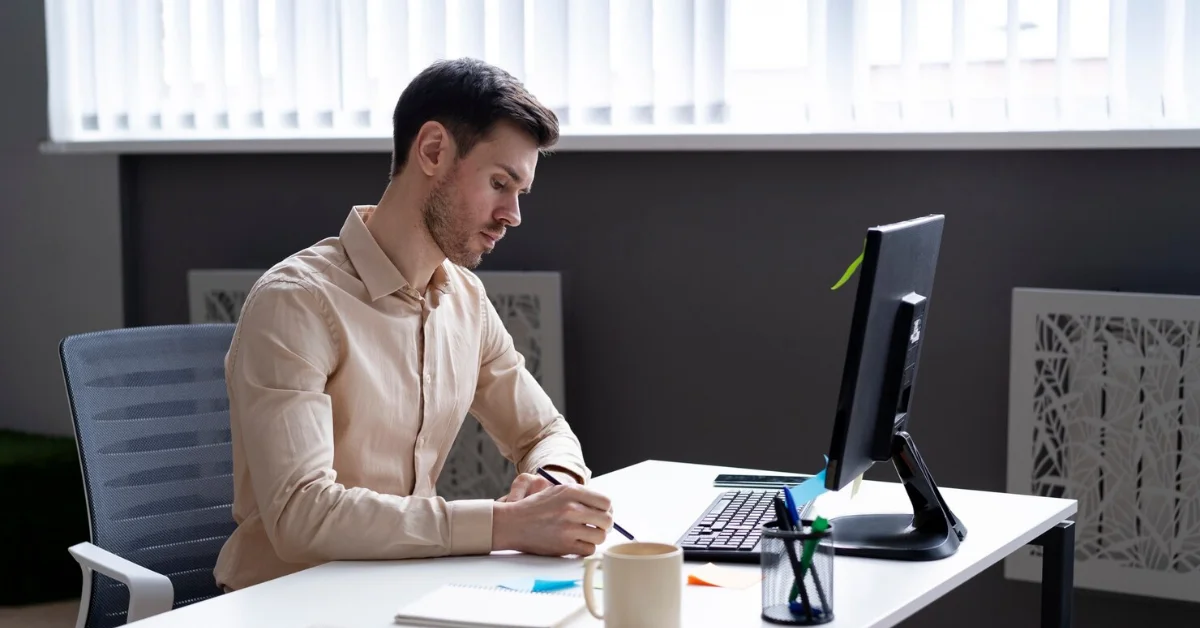 a man sitting on chair in an office