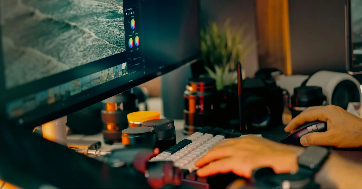 a man using mouse and keyborad to edit a video