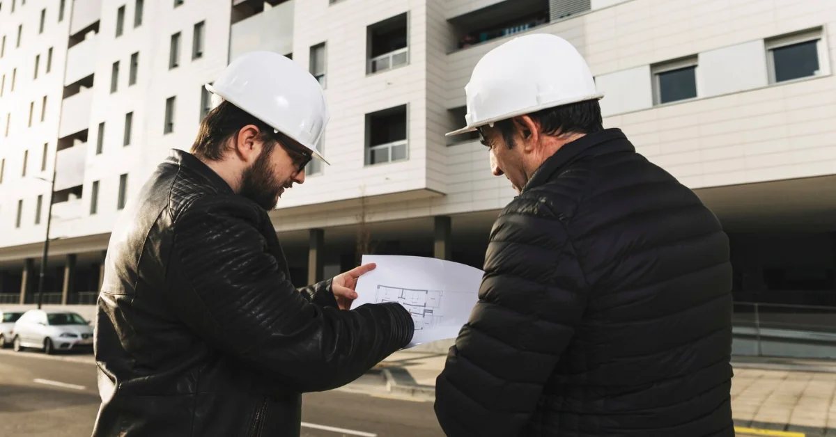 Draftsmen discussing blueprints