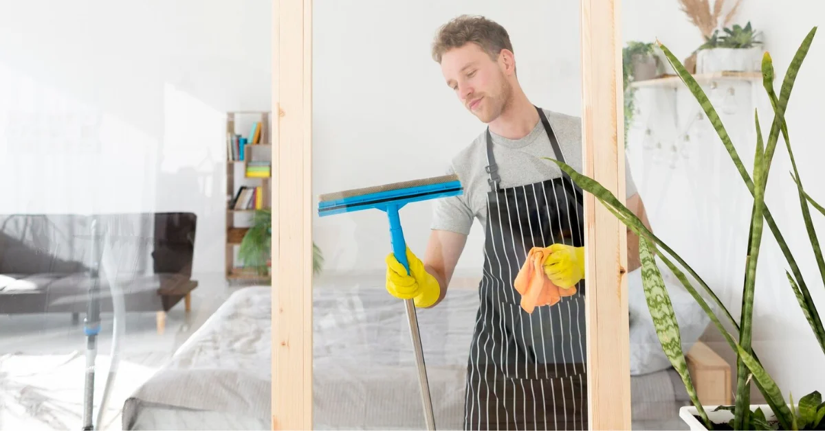 a man cleaning windows with wiper
