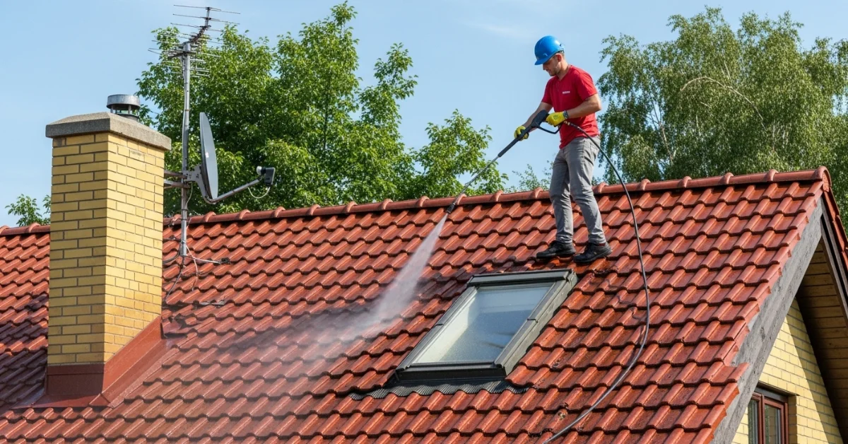 a man pressure washing a roof