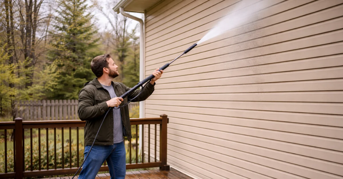 a man pressure washing exterior of a hosue