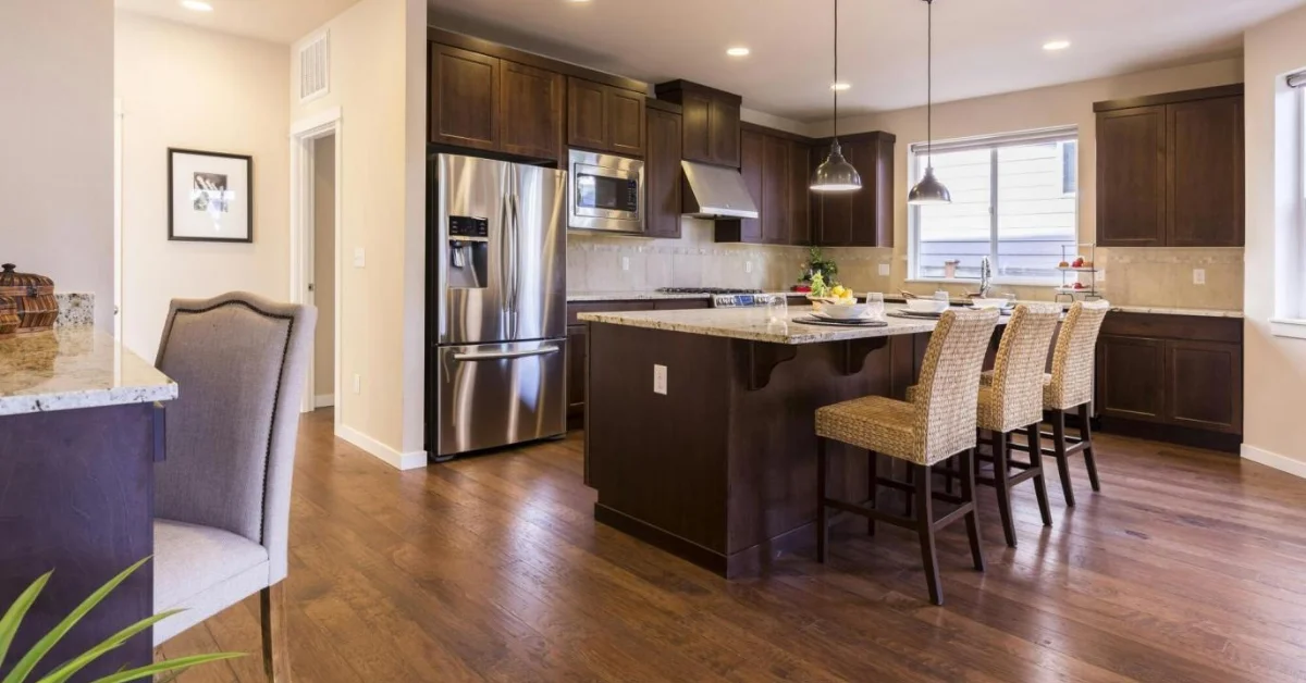 a kitchen with vinyl flooring