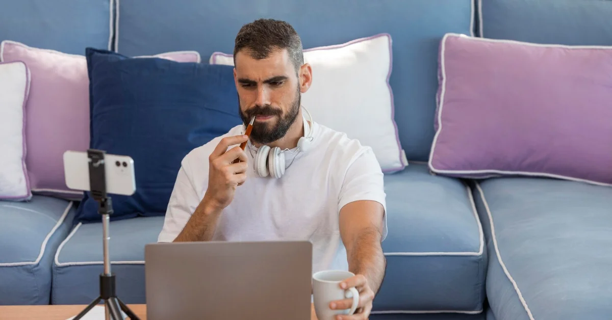 a man thinking and using laptop