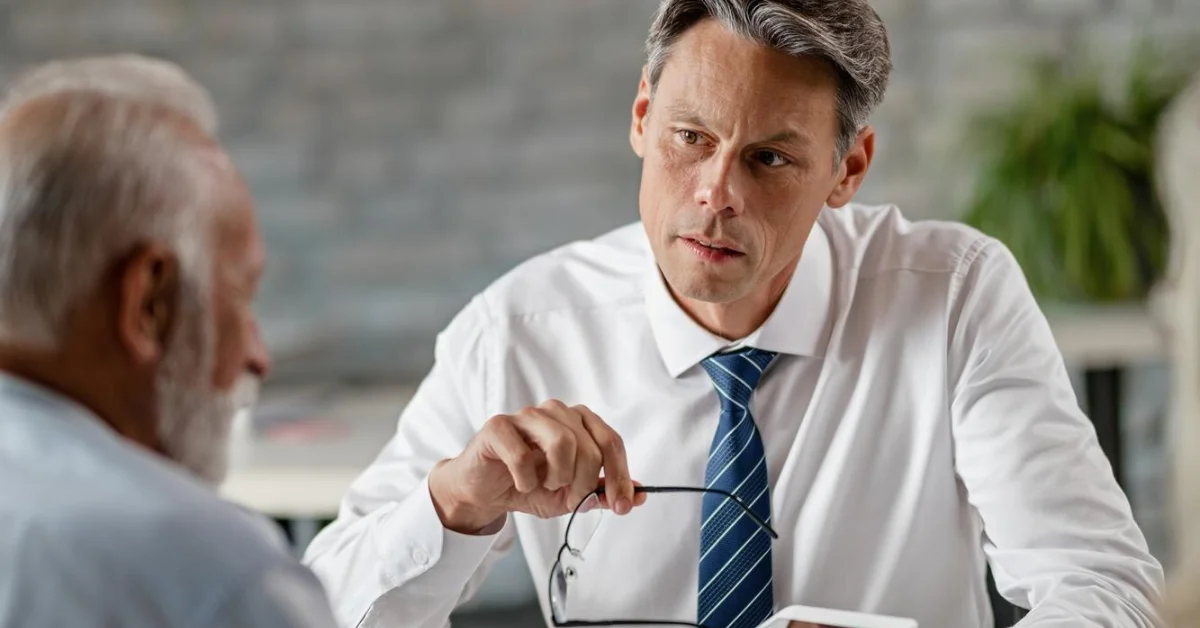 an elderly man sitting with a lawyer