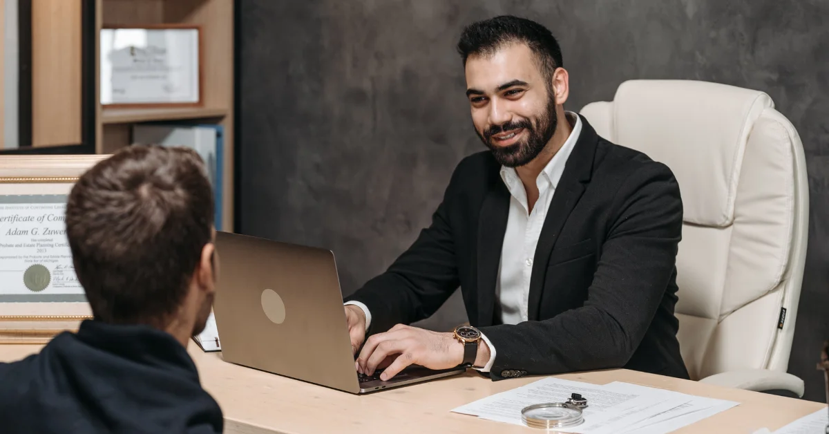 a lawyer talking with a client