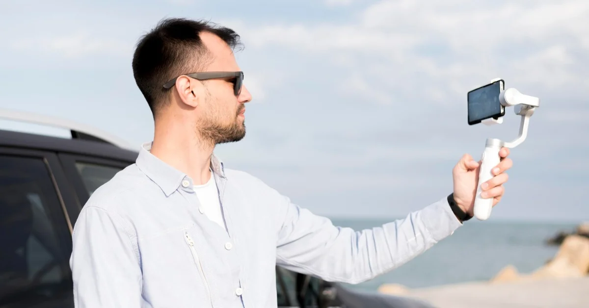 a man vlogging with action camera