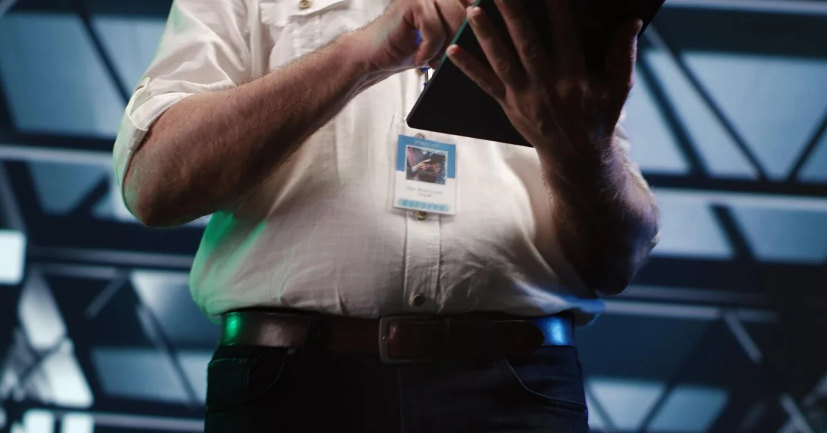 a techie man wearing an ID card