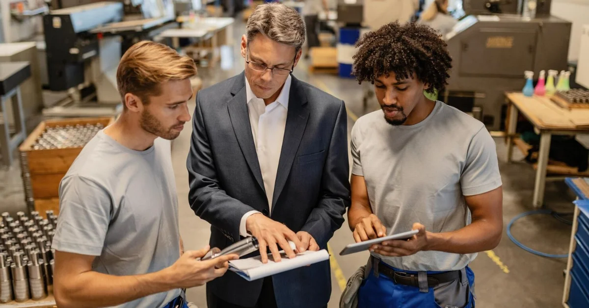 three men consulting in a factory