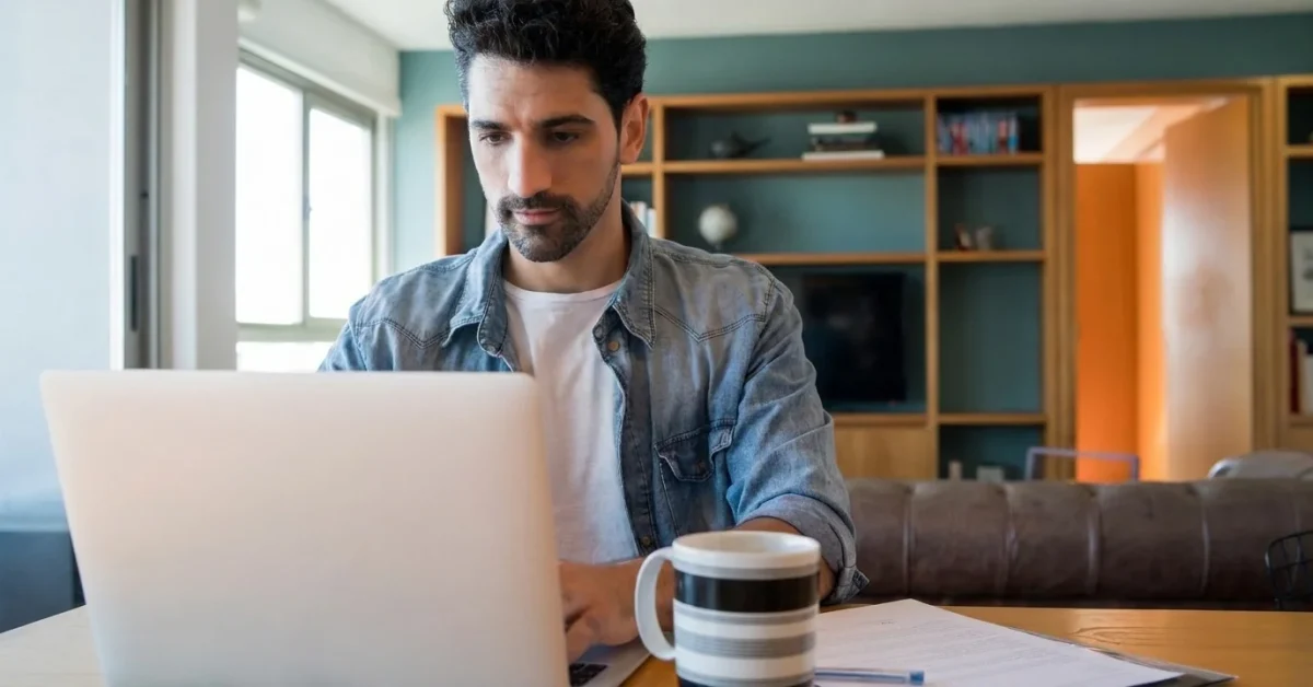 a focused man working on laptop