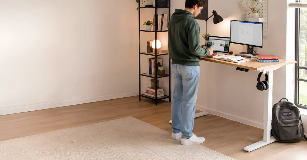 a man working on a standing desk